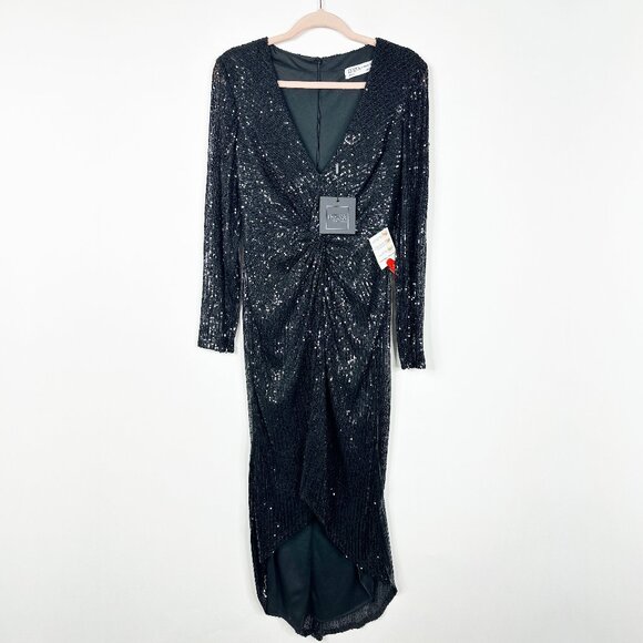 NWT Mac Duggal Sequined High Low Front Twist Midi Dress Black 8 #A0557 - Picture 3 of 8